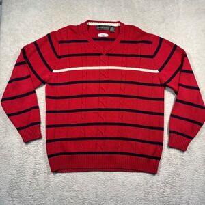 Vintage Oscar de la Renta‎ Striped Cotton Cable Knit V-Neck Sweater Red XL